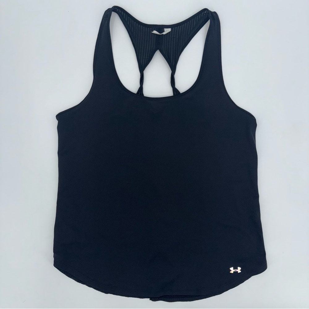 ⭐️ Under Armour Black Racerback Tank Top M Open Back Twist, Reflective Logo, Gym